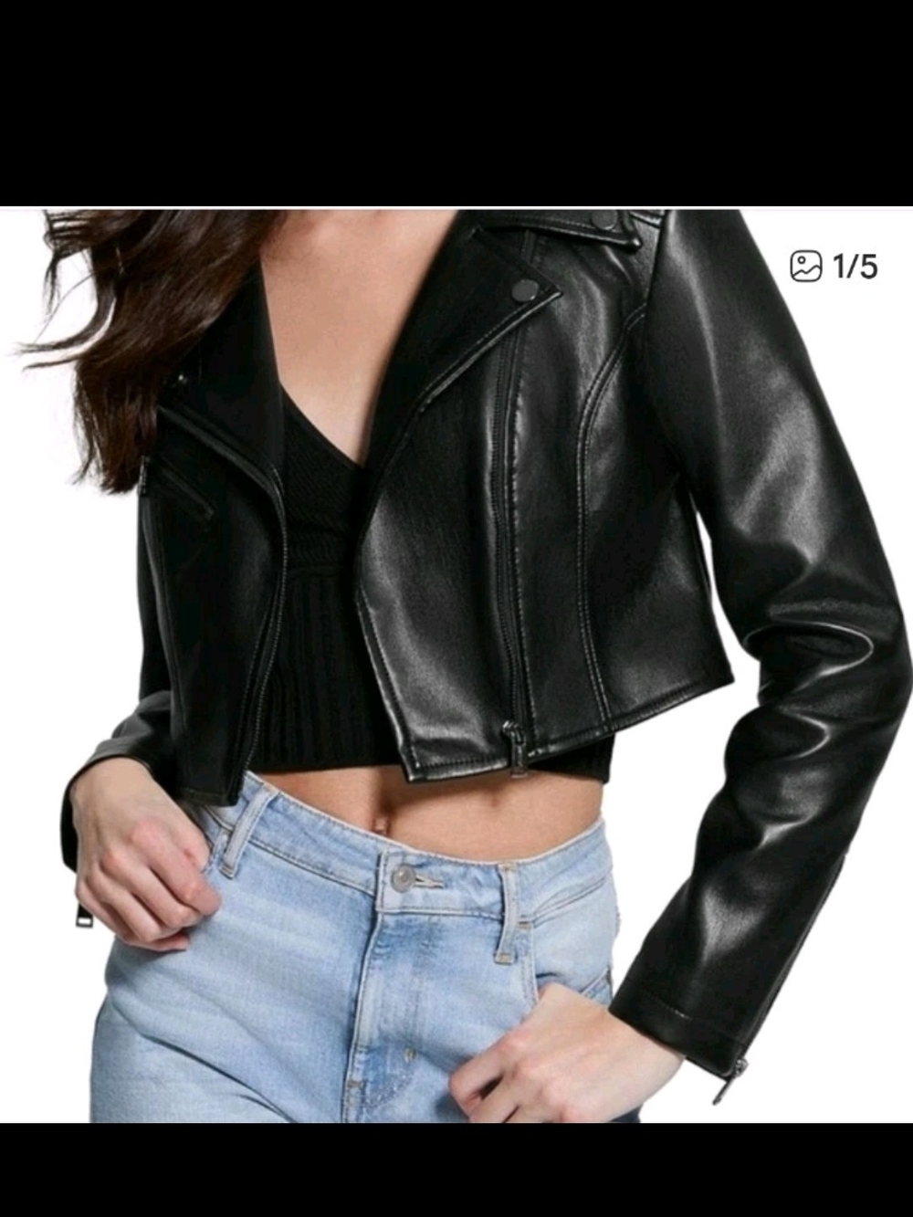 Guess Brand Black Faux Leather Cropped Moto Jacket - Women